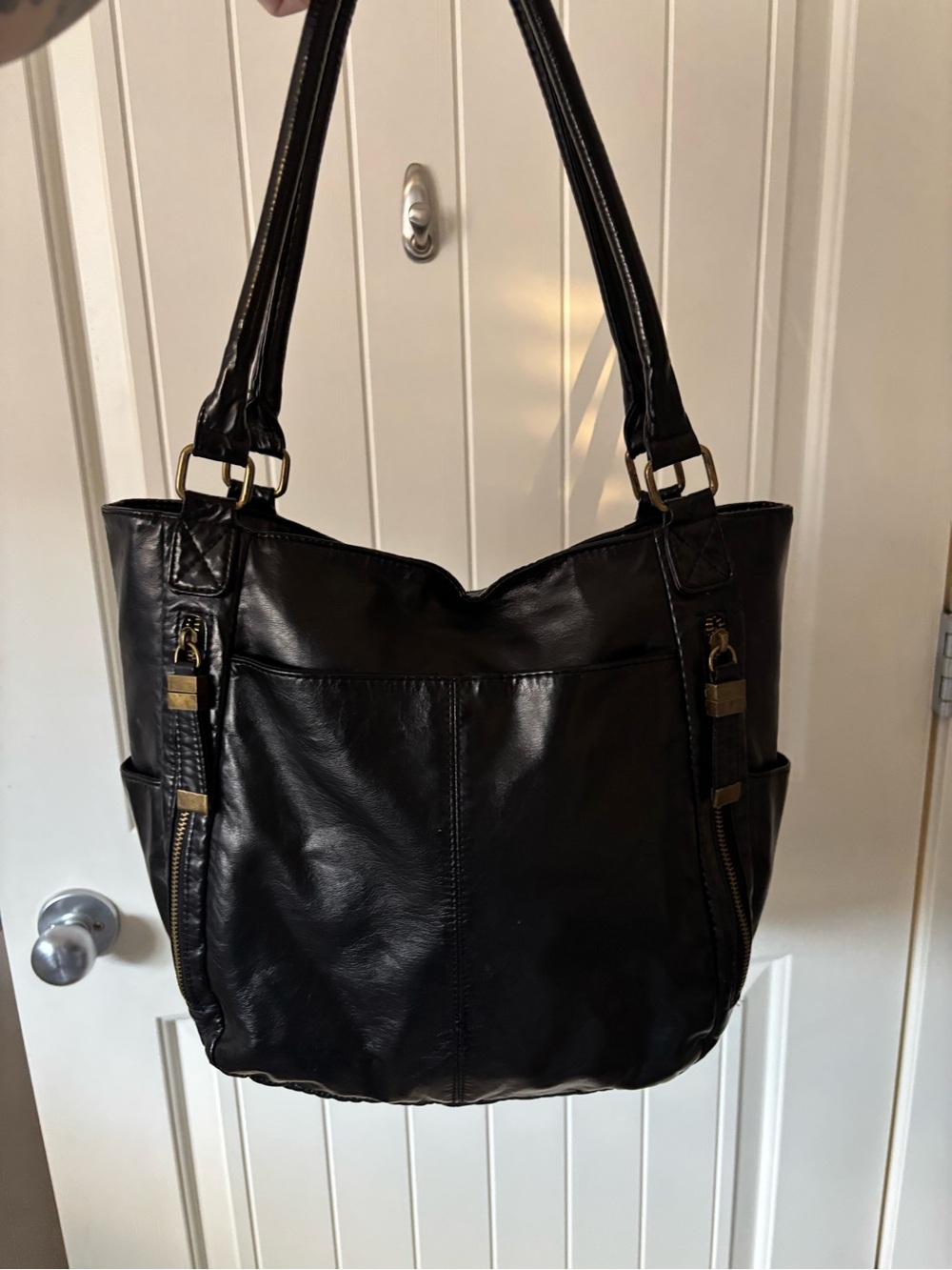 Bueno Black Faux Leather Shoulder Tote Bag Multi Pocket Zip Detail Purse - Picture 10 of 10